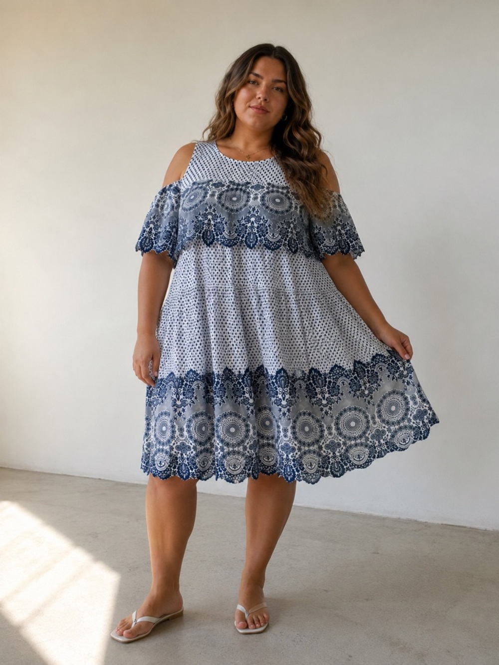 Joie Womens Cold Shoulder Shift Dress Blue White Medallion Print Size 2XL